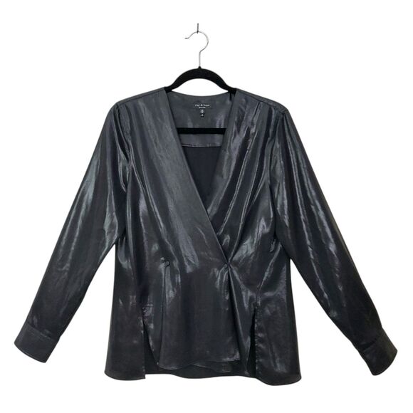 Rag & Bone Debbie Top Womens Medium Black Long Sleeve Front Slits V-Neck Chic - Picture 1 of 12